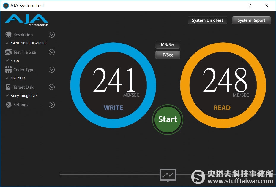 AJA System Test測試Sony SF-G Tough記憶卡在USB 3.1連接埠的傳輸效果