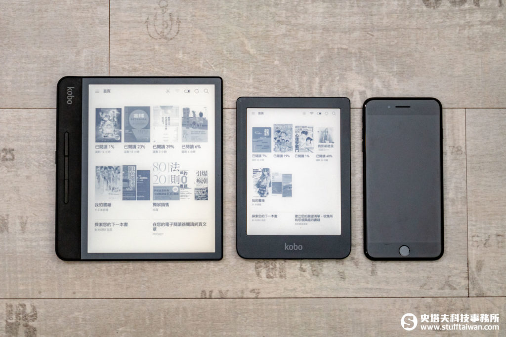 Kobo Clara HD與Kobo Forma、iPhone 7 Plus大小比對